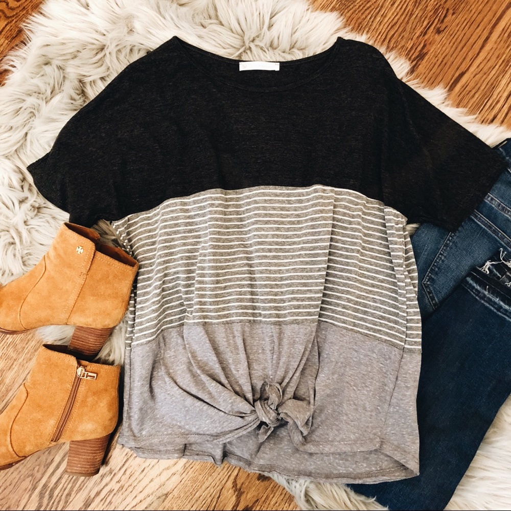 SOLD OUT // Amelia Striped Knot Tee - Black/Gray